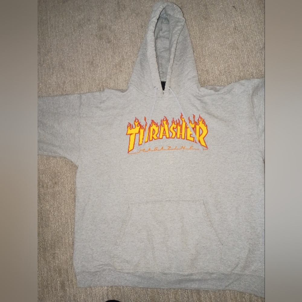 M Sized Men's Thrasher Light Gray Hoodie with Fiery Orange Logo